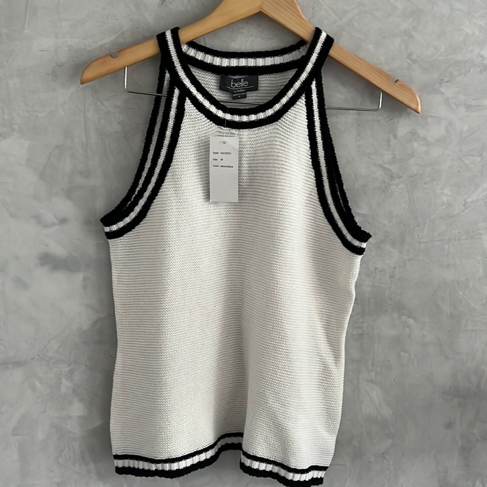 Belle White knitted contrasting high neck tank top, Size M. NWT
